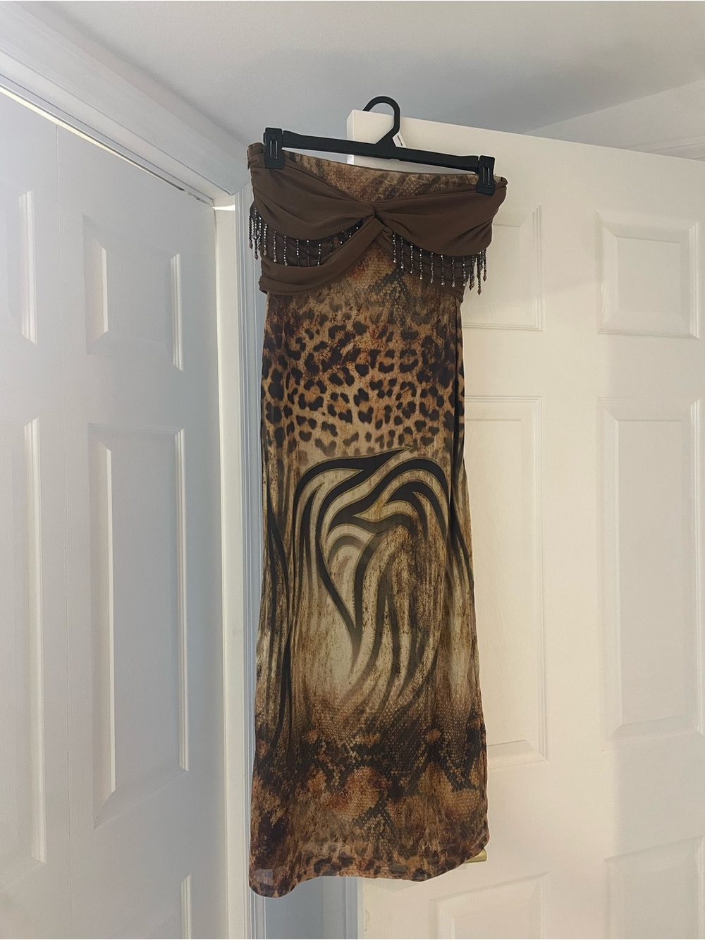 Brown Animal-Print Maxi Skirt with Beaded Waistband